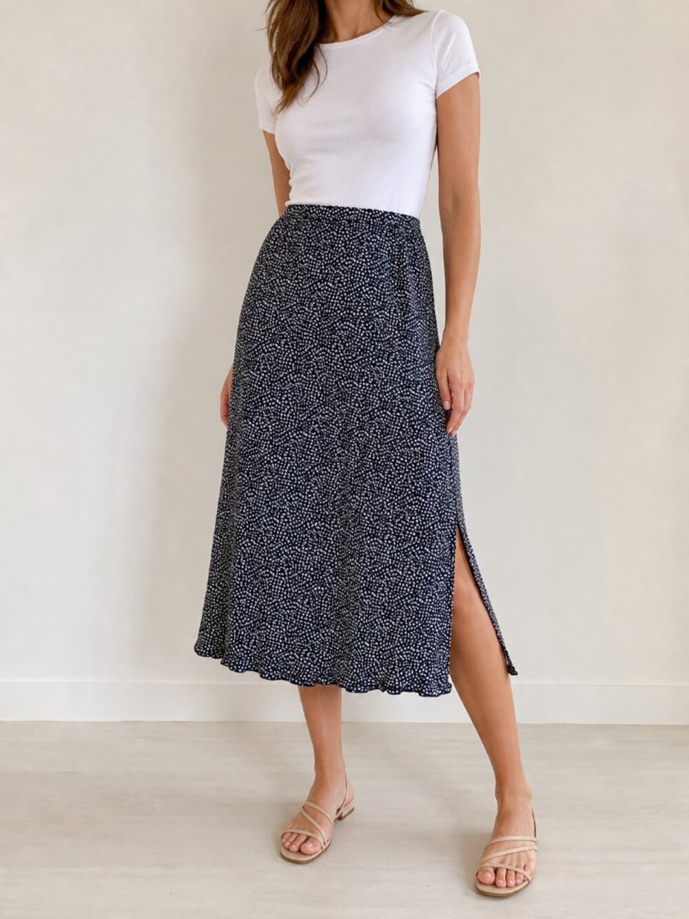 ILLA ILLA Navy White Polka Dot High Waist Side Slit Midi Skirt S